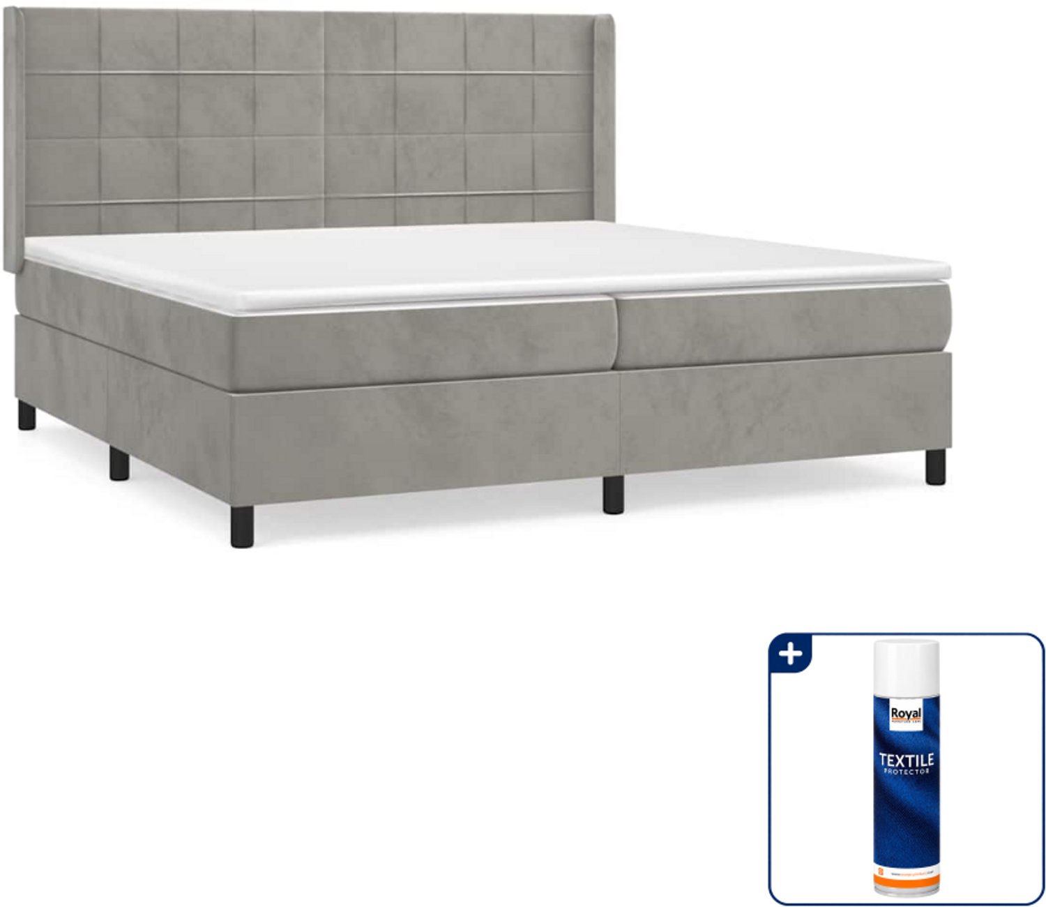vidaXL boxspring met matras - Super kingsize - 200 x 200 cm - fluweel - lichtgrijs - Inclusief textielbeschermer 500 ml