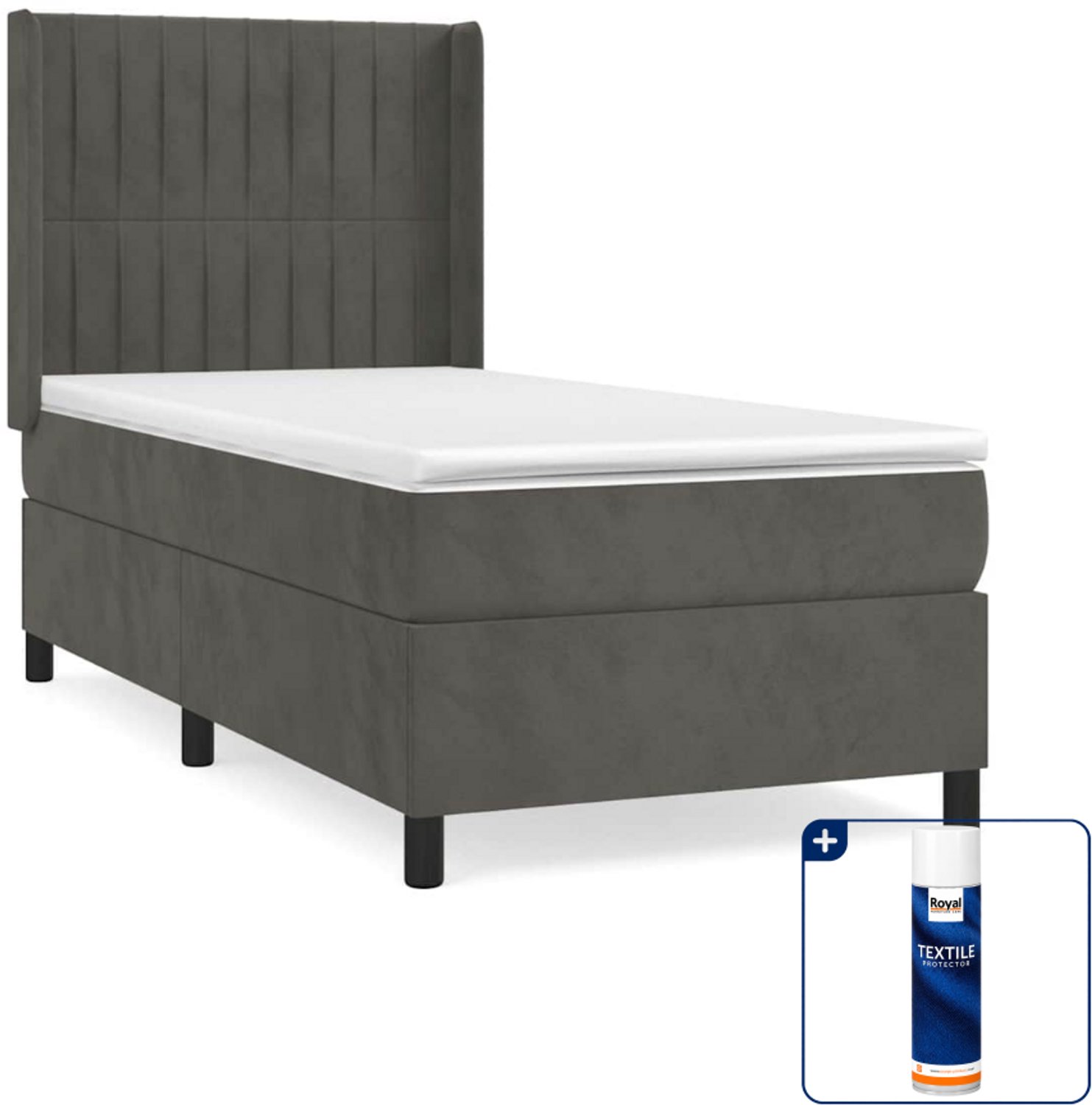 vidaXL boxspring met matras - 90 x 200 cm - fluweel - donkergrijs - Inclusief textielbeschermer 500 ml
