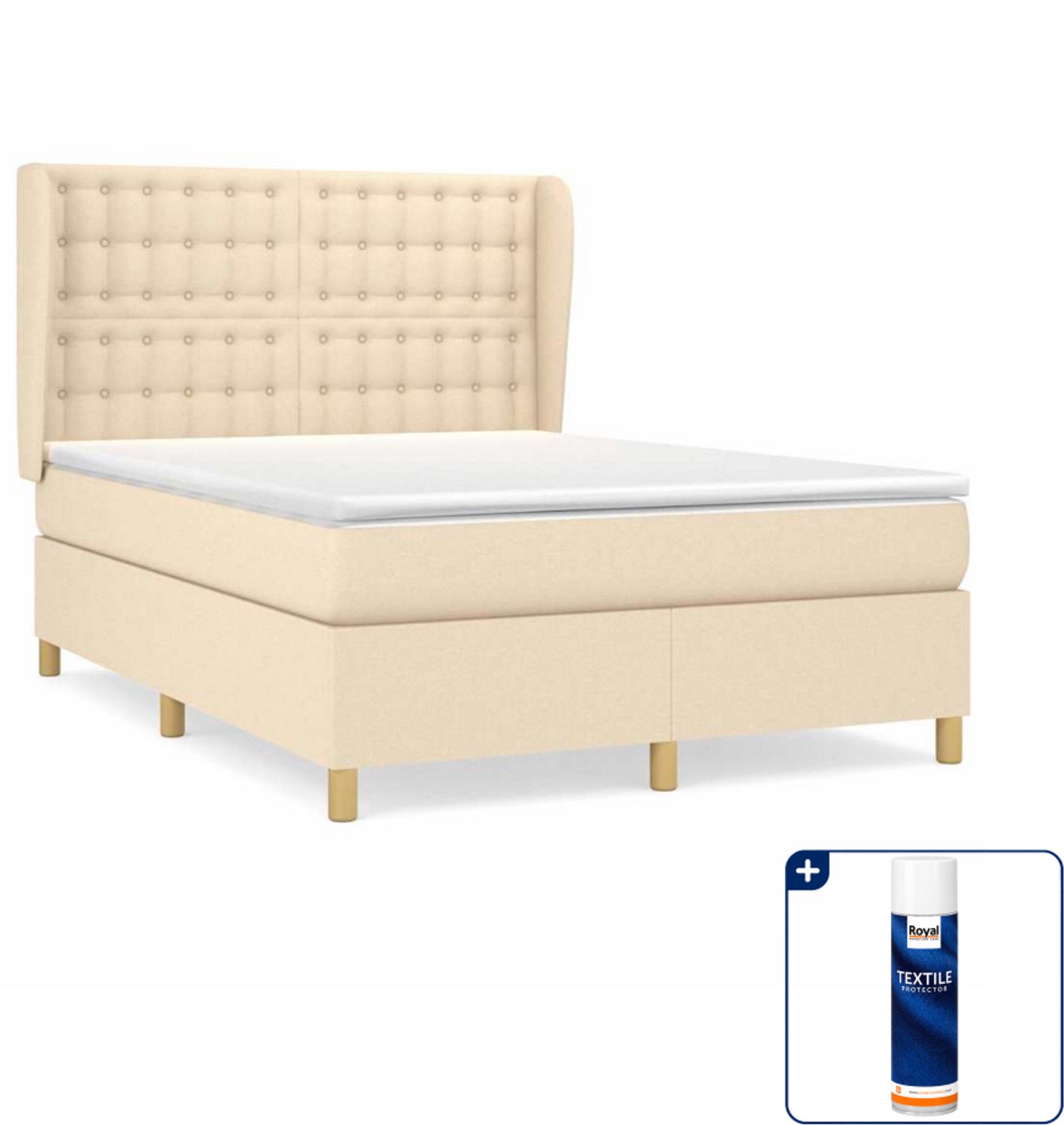 vidaXL boxspring met matras - 140 x 190 cm - crème - Inclusief textielbeschermer 500 ml
