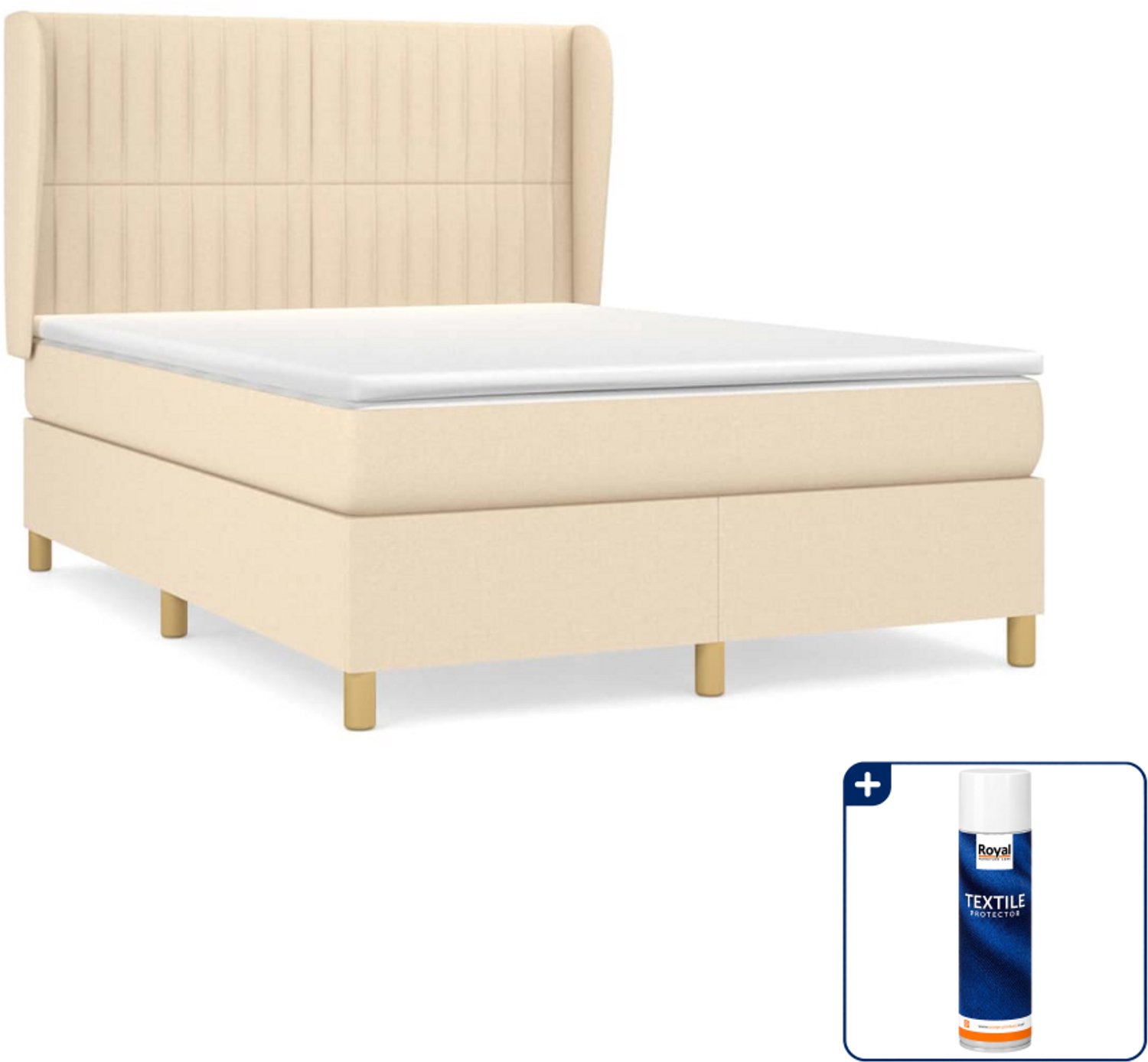 vidaXL boxspring met matras 140 x 190 cm - stof - crème - Inclusief textielbeschermer 500 ml