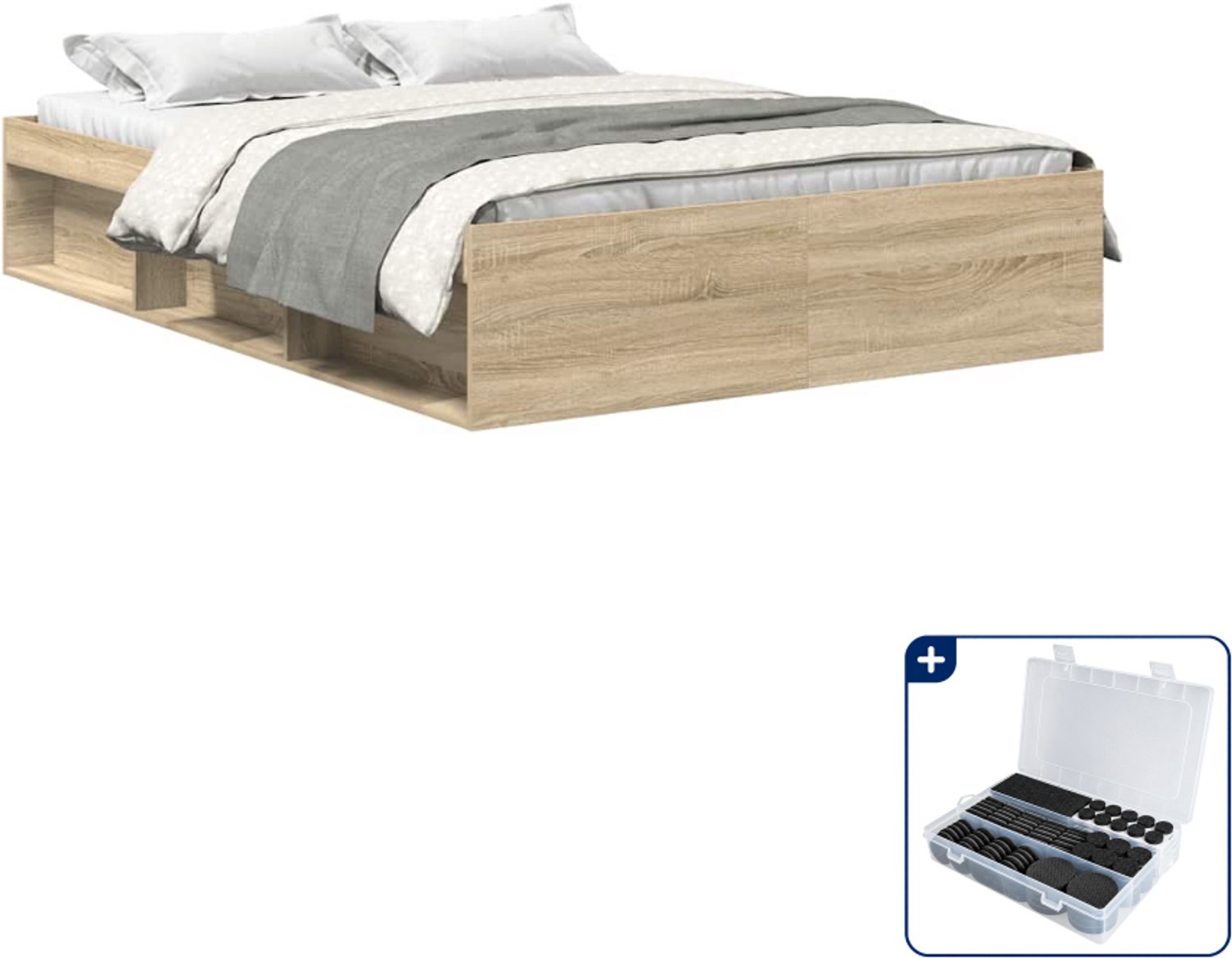 vidaXL bedframe - 140 x 190 cm - bewerkt hout - sonoma eiken - Inclusief antikrasvilt 177-delig Bruin