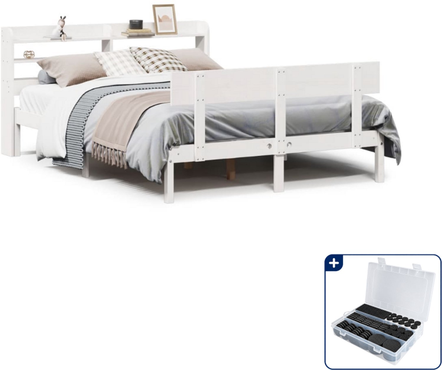 vidaXL bedframe - 140 x 190 cm - massief grenenhout - wit - Inclusief antikrasvilt 177-delig Bruin