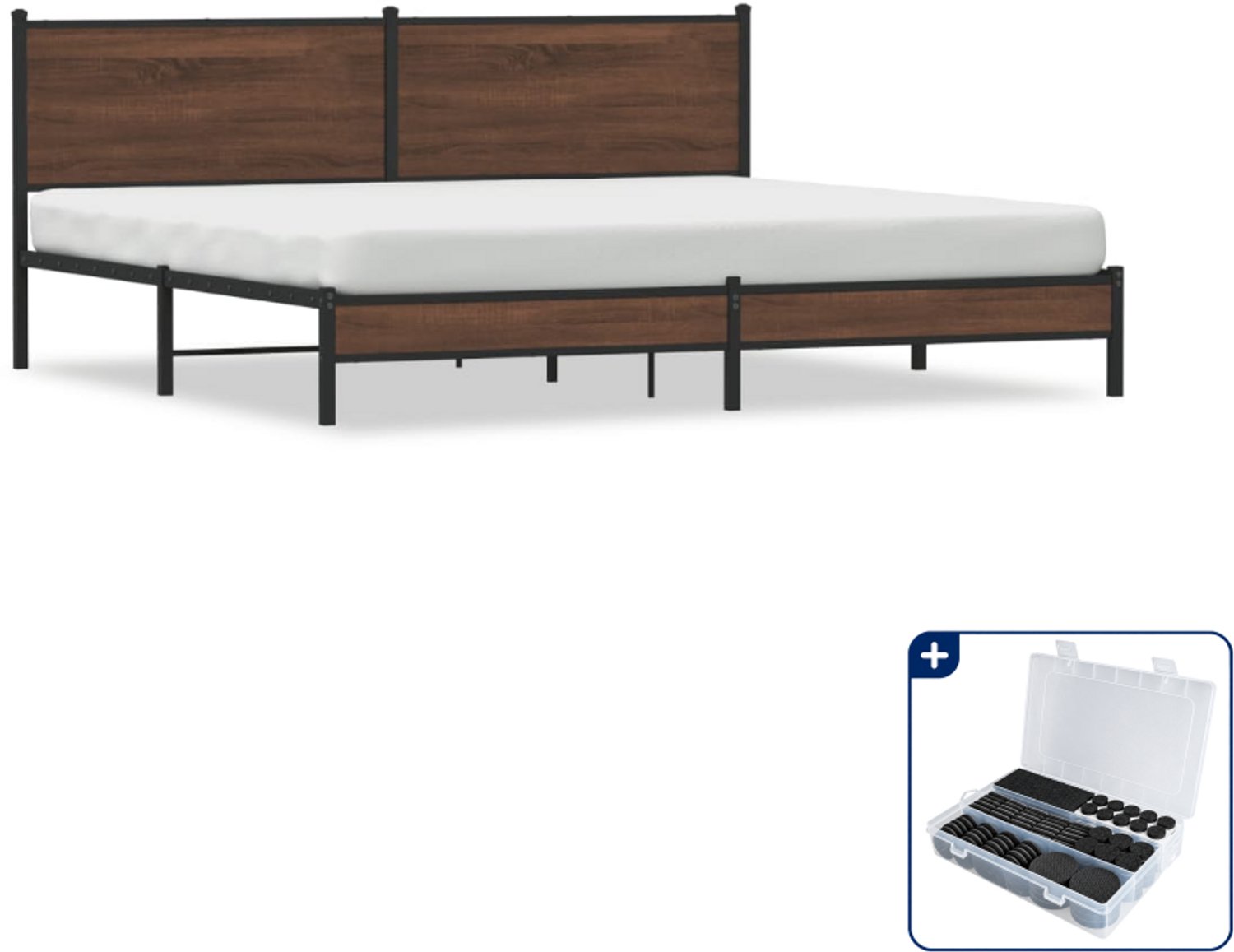 vidaXL Bedframe - 200 x 200 cm - staal en bewerkt hout - bruineiken - Inclusief antikrasvilt 177-delig
