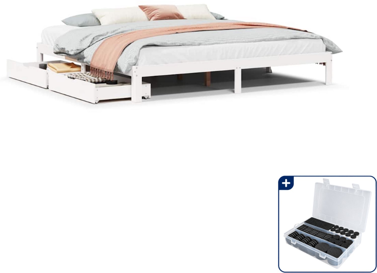 vidaXL Bedframe met lades - 200 x 200 cm - massief grenenhout - wit - Inclusief antikrasvilt 177-delig Bruin