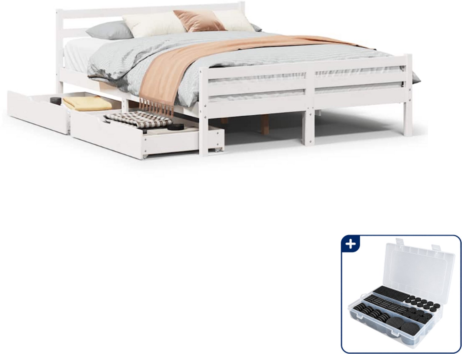 vidaXL bedframe met 2 lades - 150 x 200 cm - massief grenenhout - wit - Inclusief antikrasvilt 177-delig