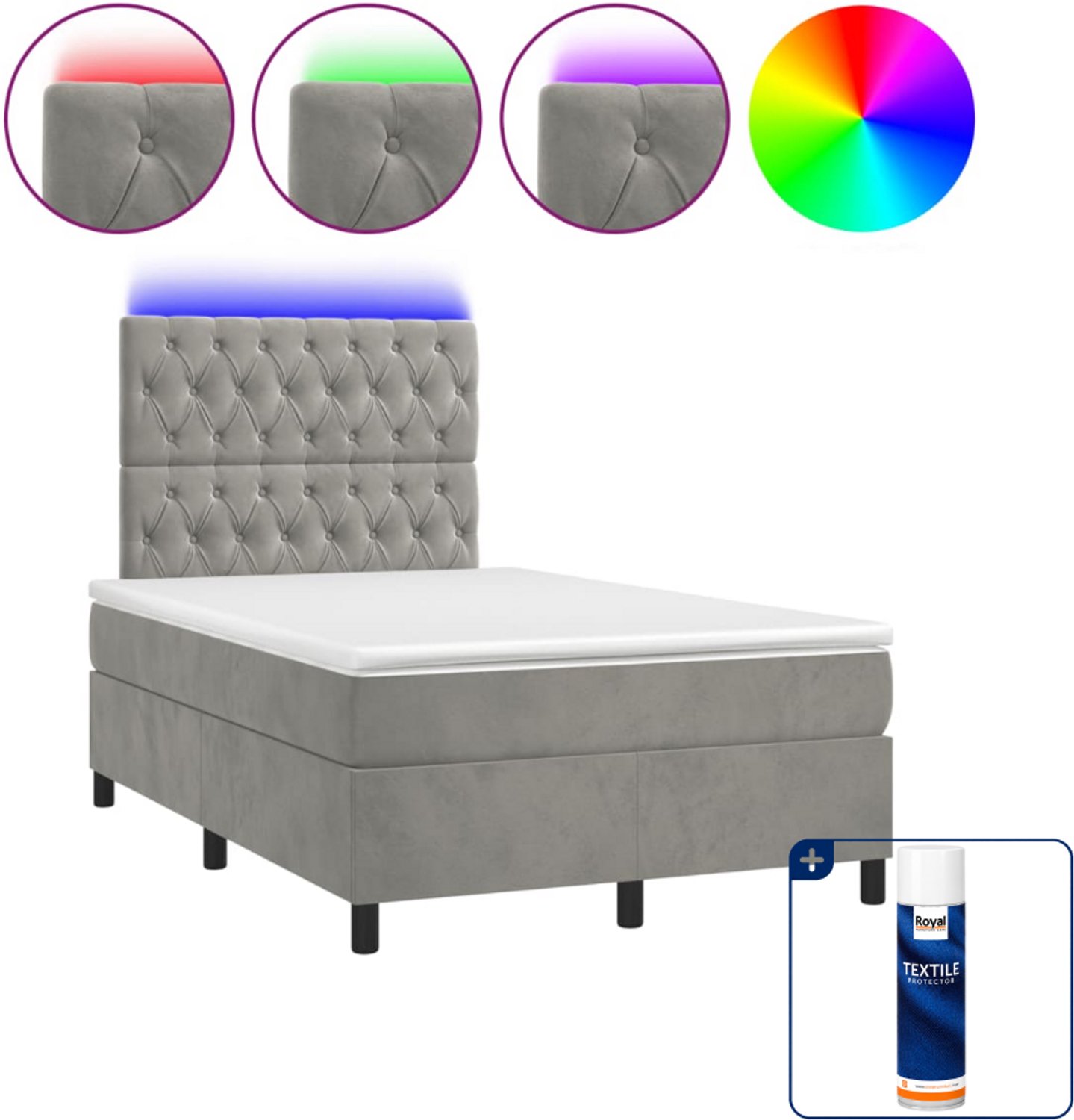 vidaXL boxspring met matras en LED - 120 x 190 cm - fluweel - lichtgrijs - Inclusief textielbeschermer 500 ml