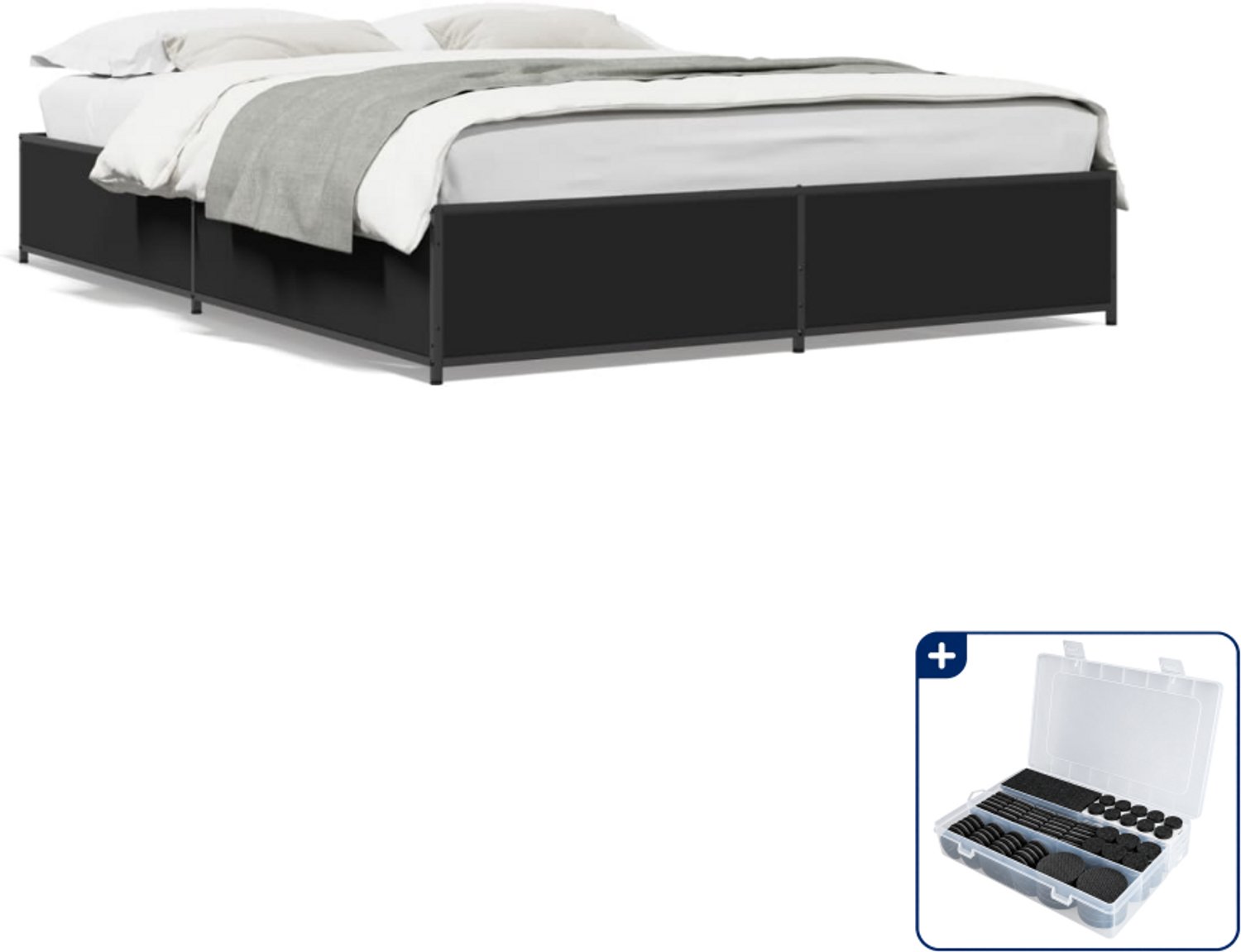 vidaXL bedframe LED - 140 x 190 cm - bewerkt hout en staal - zwart - Inclusief antikrasvilt 177-delig