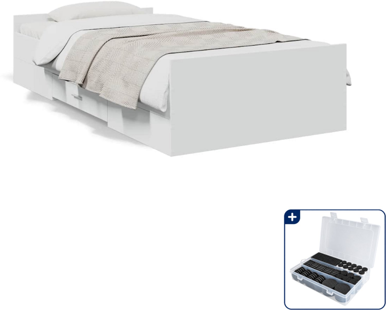 vidaXL bedframe met lades - 75 x 190 cm - bewerkt hout - wit - Inclusief antikrasvilt 177-delig