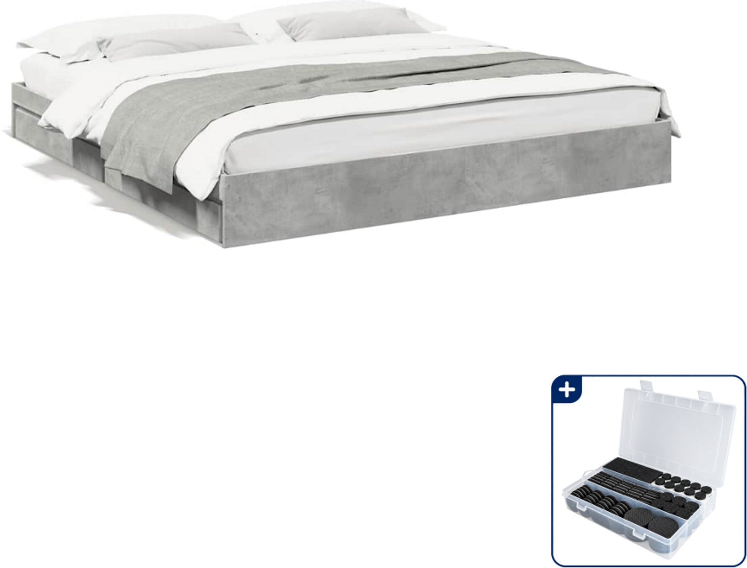 vidaXL bedframe met lades - 200 x 200 cm - bewerkt hout - betongrijs - Inclusief antikrasvilt 177-delig bruin