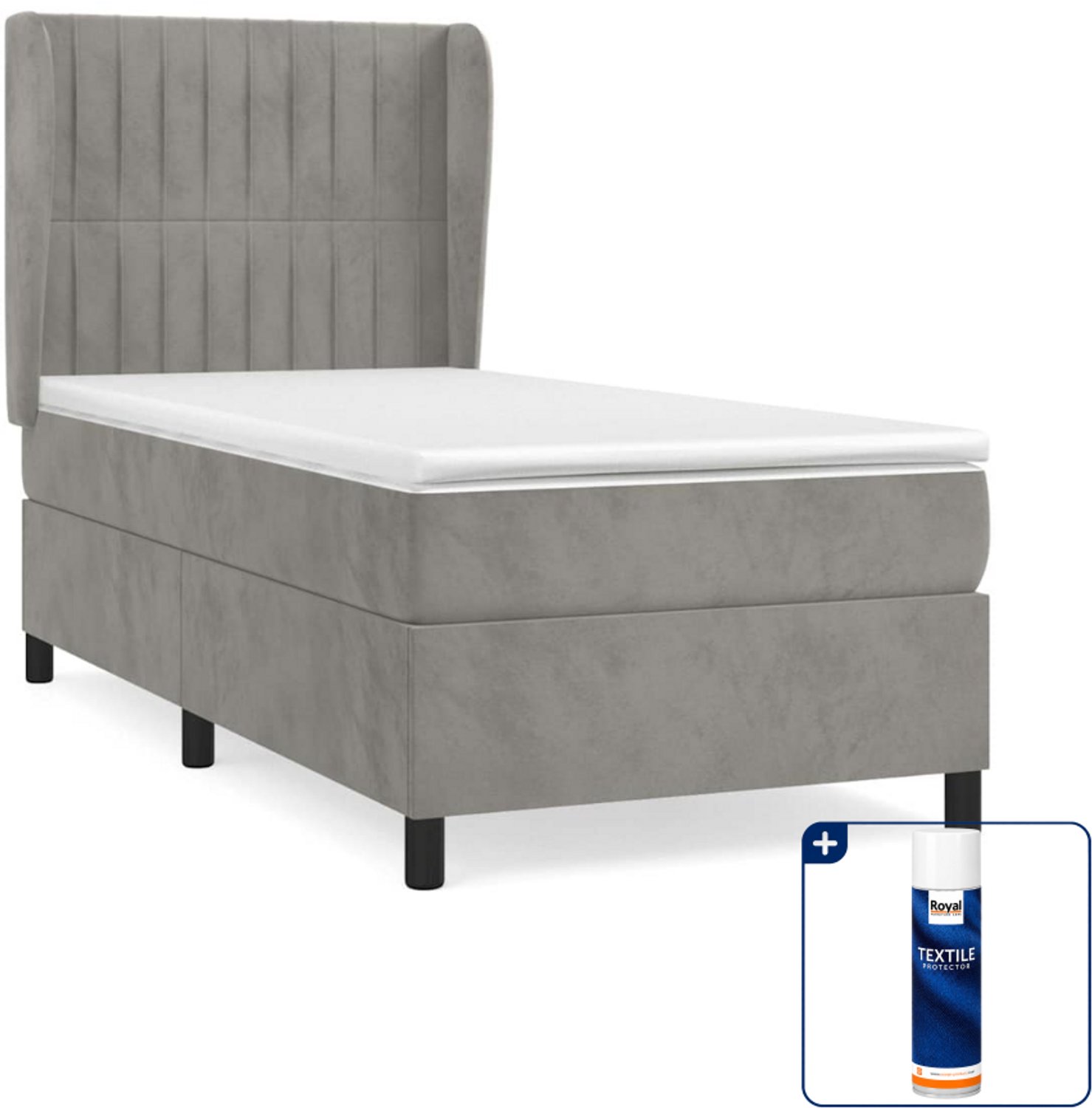 vidaXL boxspring met matras - 90 x 200 cm - fluweel - lichtgrijs - Inclusief textielbeschermer 500 ml