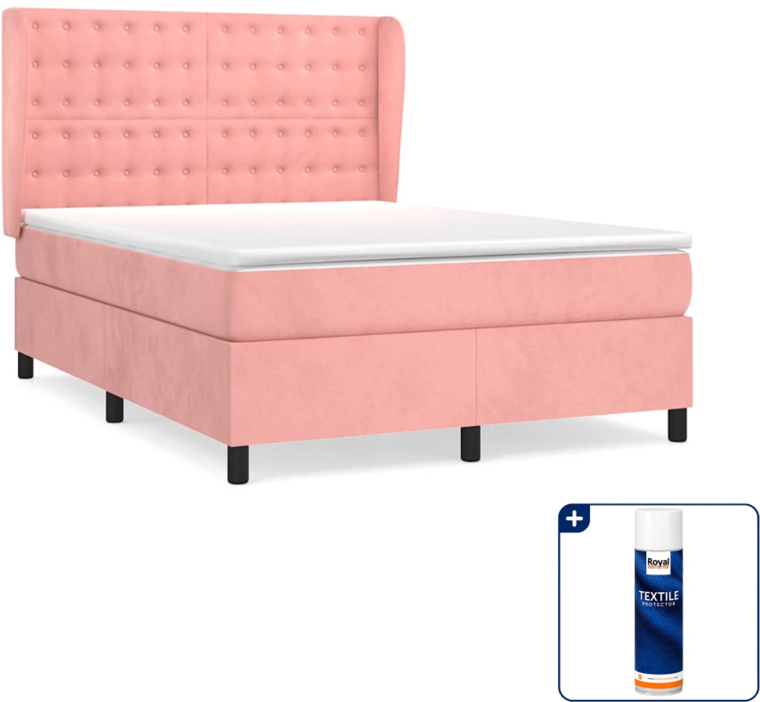 vidaXL boxspring met matras 140 x 190 cm - fluweel - roze - Inclusief textielbeschermer 500 ml
