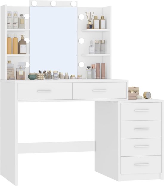 Kaptafel met spiegel en verlichting, 3 instelbare kleur- en helderheidsniveaus, kaptafel met laden, 4 open planken, wit, 6 laden