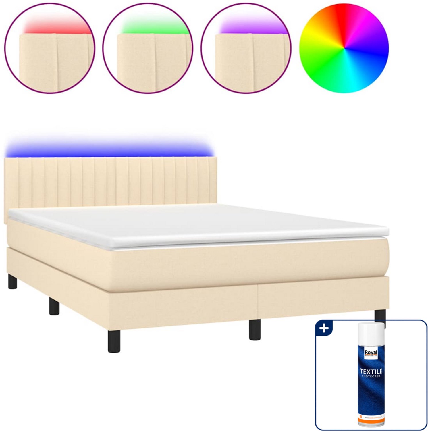 vidaXL boxspring met matras en led - 140 x 190 cm - crèmekleurig - Inclusief textielbeschermer 500 ml