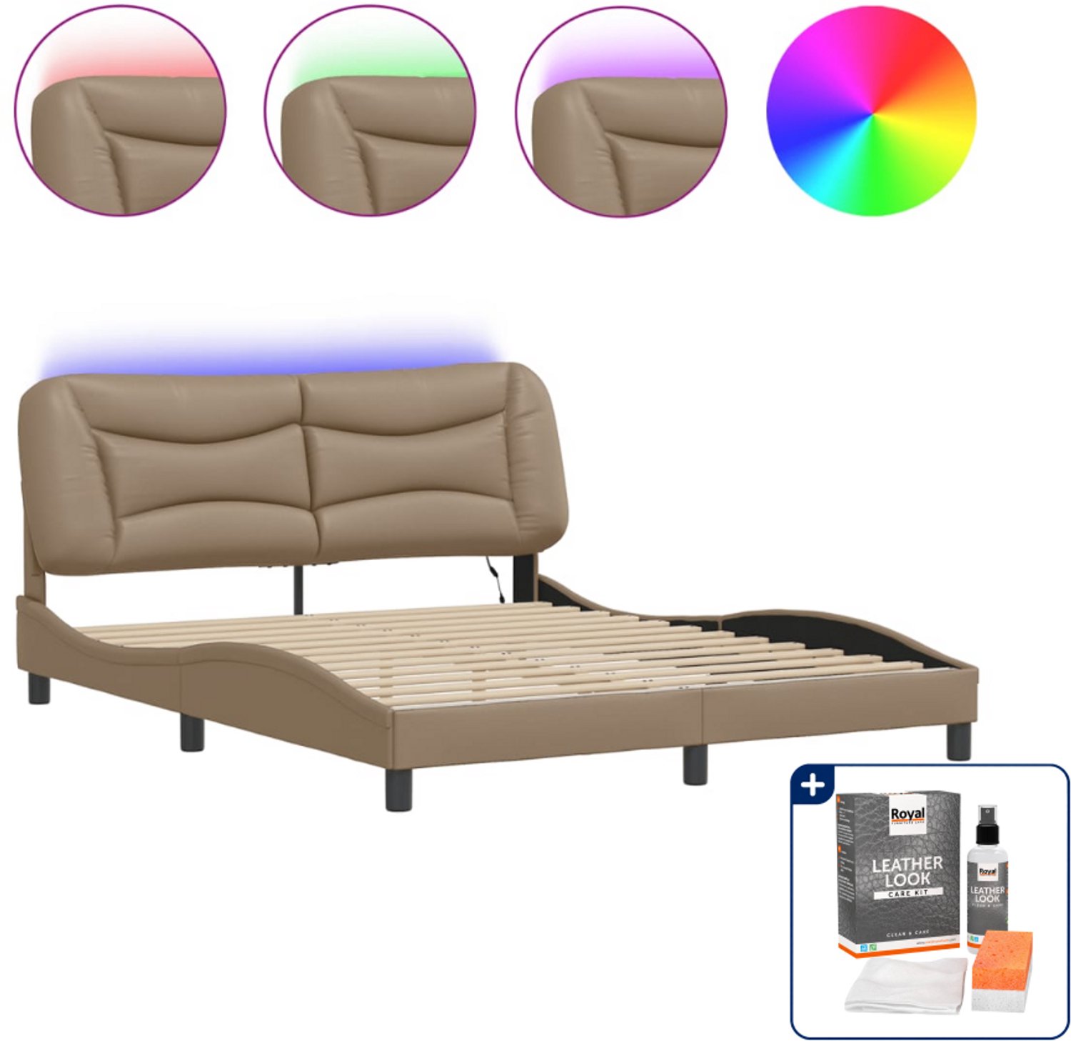 vidaXL Hvar bedframe - Queensize - 160 x 200 cm - cappuccino - Inclusief onderhoudsset voor kunstleer 150 ml Grijs