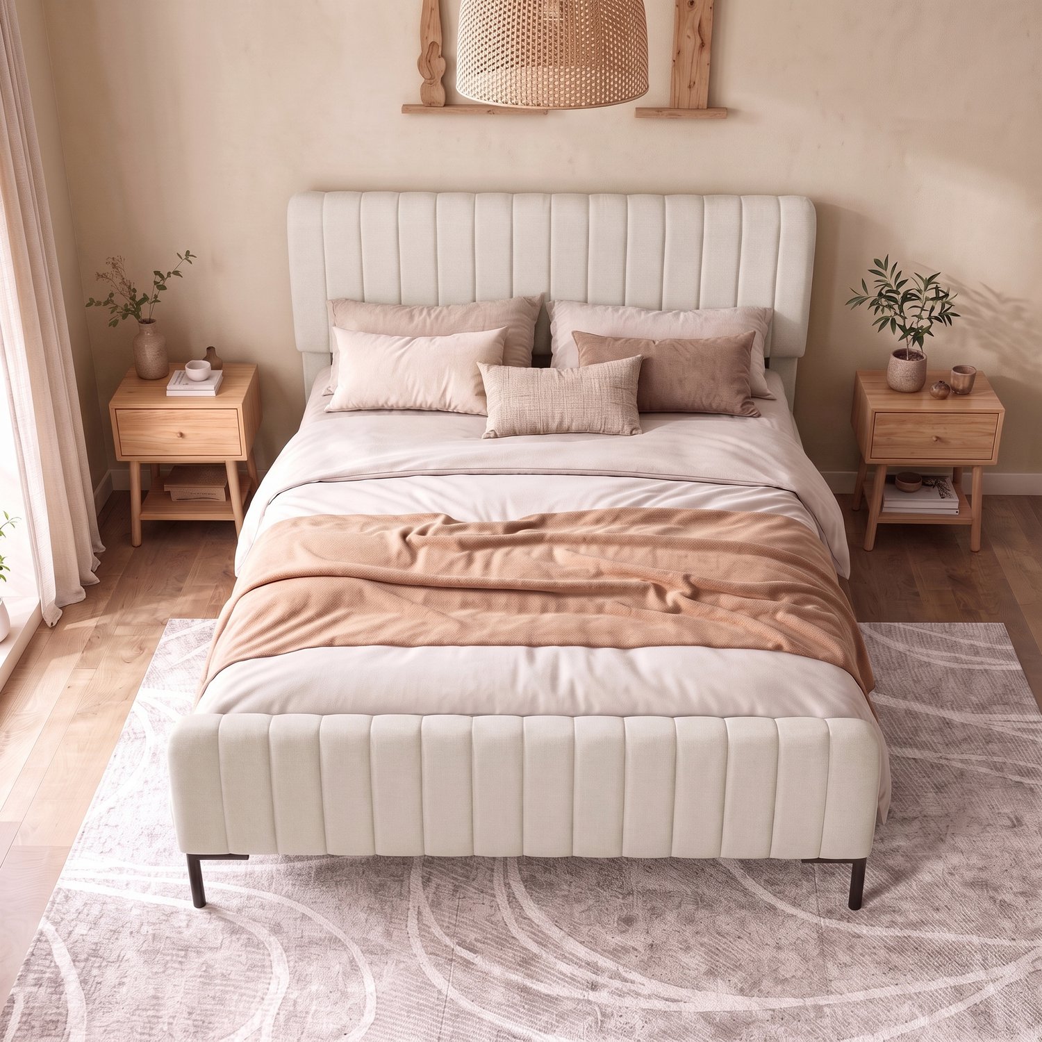 Vovtenza Gestoffeerd tweepersoonsbed 160 x 200 cm - bedframe met lattenbodem en verstelbaar hoofdeinde - gestoffeerd bed in grijsbeige - bedframe voor een kinderbed voor slaapkamer of logeerkamer - linnen materiaal Grijs+Beige
