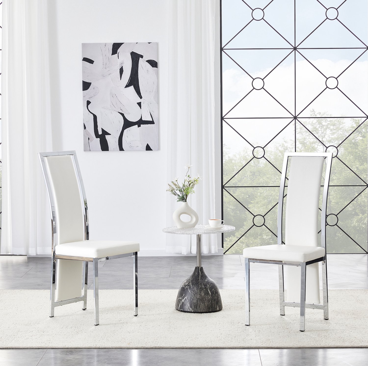 DESMIU Eetkamerstoelen - Set van 2 - Hoge Rugleuning en Zachte Zitting - Voor Eetkamer en Kantoor - Kunstleer en Metaal - Wit en Zilver