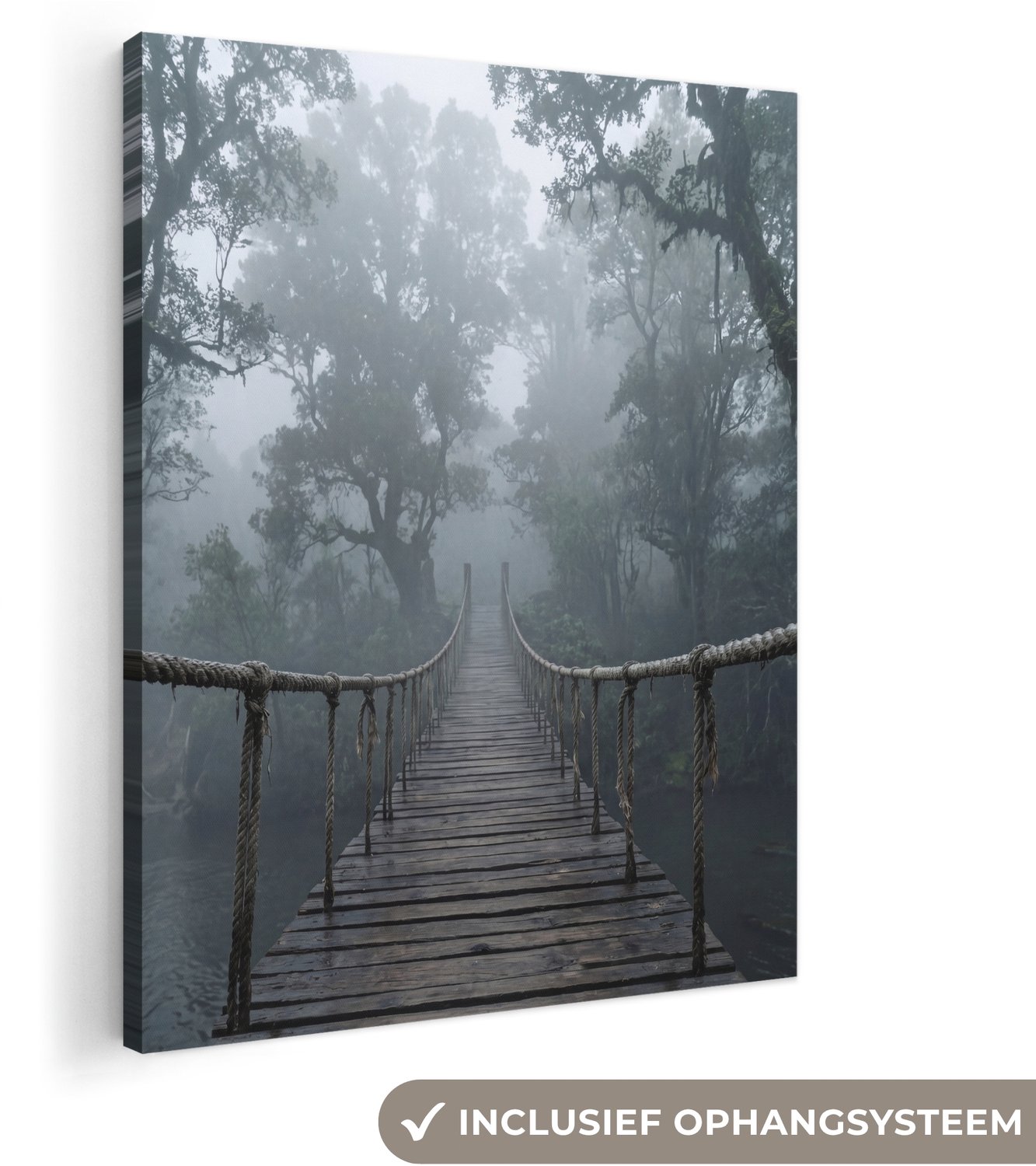 Canvas schilderij 70x100 cm - Exclusieve wanddecoratie Brug - Jungle - Mist - Natuur - Muurdecoratie woonkamer - Slaapkamer decoratie - Kamer accessoires - Schilderijen op canvas