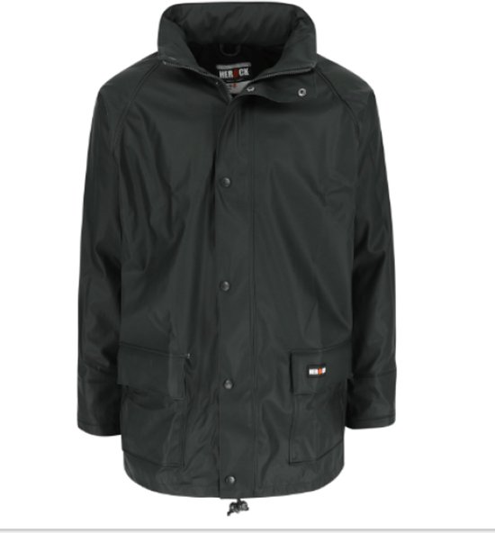 Zwarte Herock Triton regenjas met rits, drukknopen en twee voorzakken met logo.