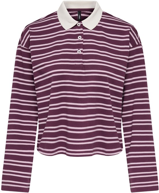 Paars gestreept poloshirt met lange mouwen, witte kraag en knoopsluiting.