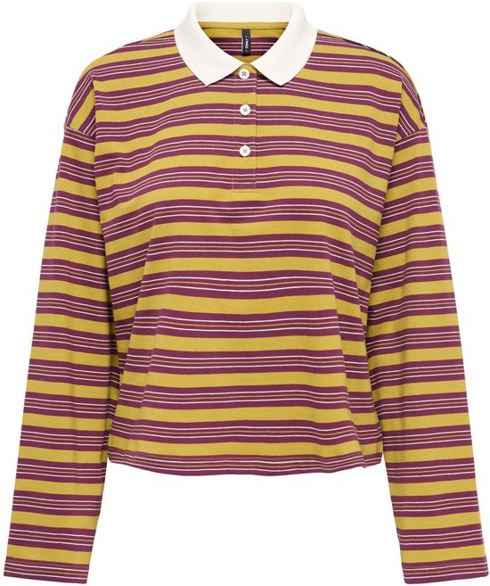 ONLY poloshirt met lange mouwen in okergeel, bordeauxrood en wit gestreept met witte kraag en drie witte knopen.
