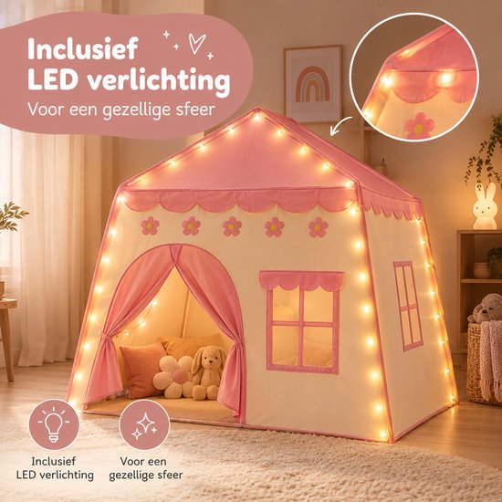 Bobbel Home - Speeltent XL - Met LED-verlichting - Speelkasteel - Roze Tent - Tent Voor Kinderen - Kindertent - Speelhuisje — cadeau in Spellen & Speelgoed - foto 2