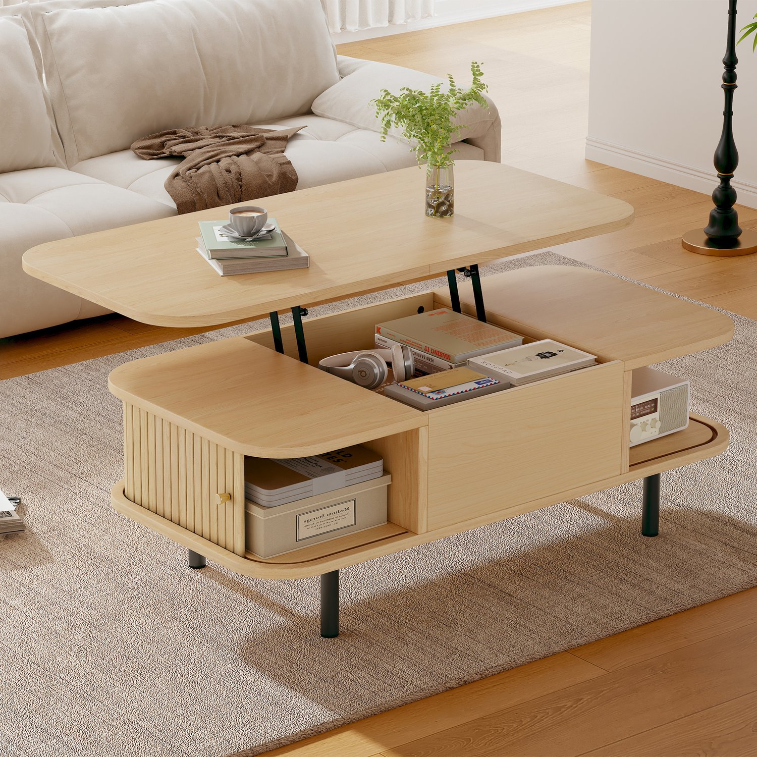 DantefHandels Salontafel in hoogte verstelbaar 101x51x52.5cm, naturelkleur 2-in-1 bureau, 2 rolschuifdeur met opbergruimte, MDF, 4 tafelpoten, rondkante