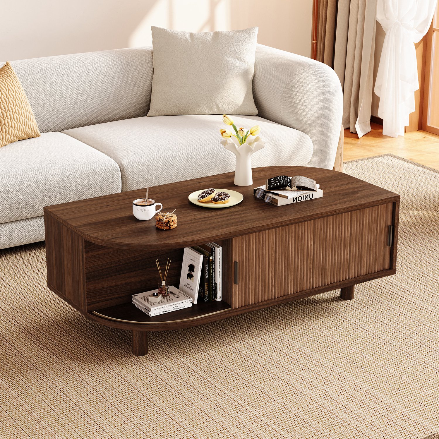 DantefHandels Walnootkleur 100×50×35cm salontafel woonkamertafel met 2 schuifdeuren, met opbergruimte, tafelpoten van hout, van MDF tot 30kg draagvermogen