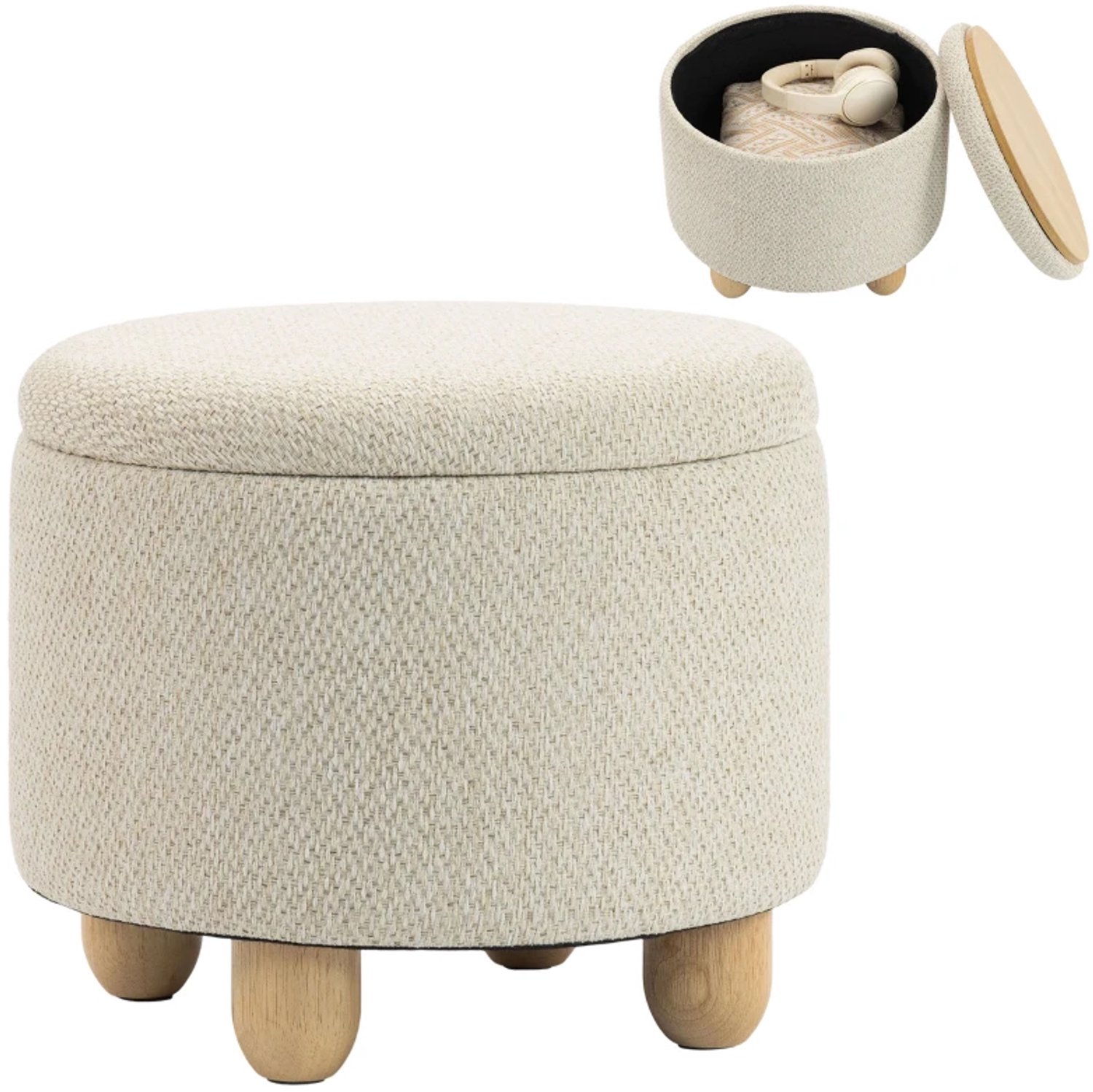 ZYLARO Ronde opbergkruk - Deksel - Linnenlook - Voor woonkamer en slaapkamer - 38,5 x 38,5 x 33,5 cm - Beige
