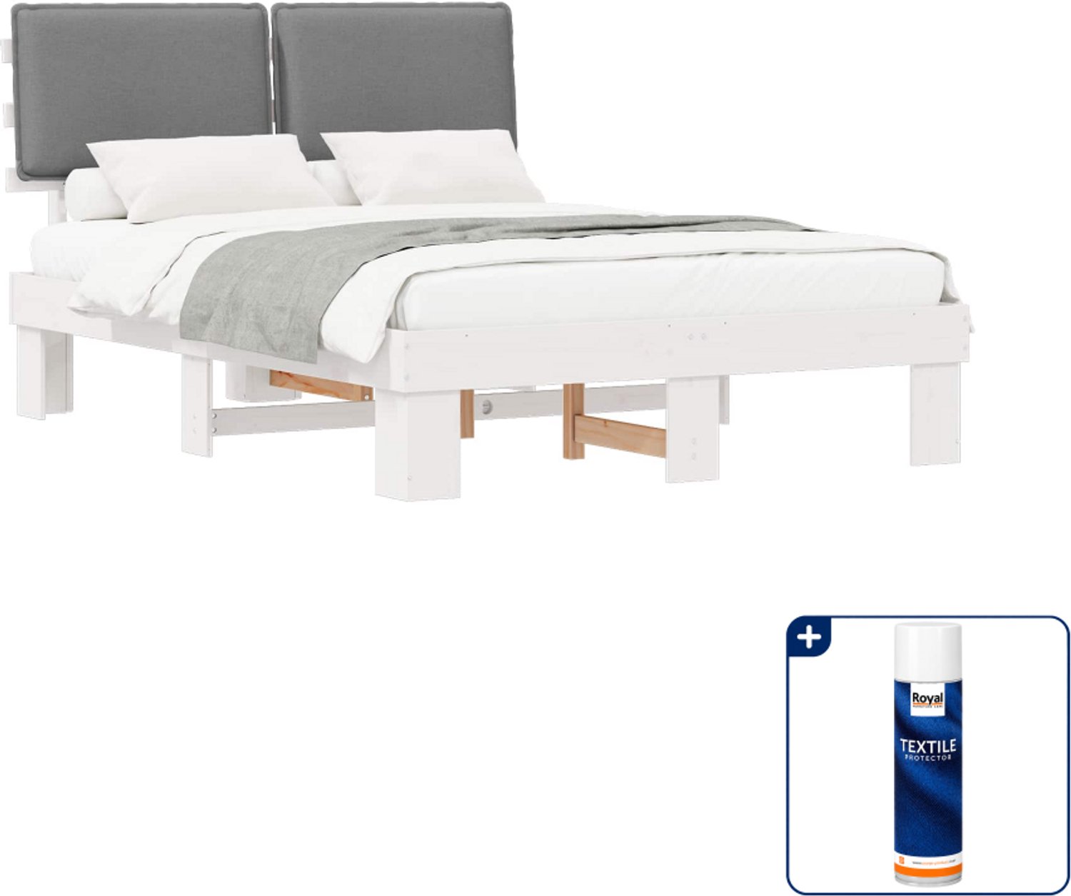 vidaXL Bedframe - 135 x 190 cm - massief grenenhout - lichtgrijs - Inclusief textielbeschermer 500 ml