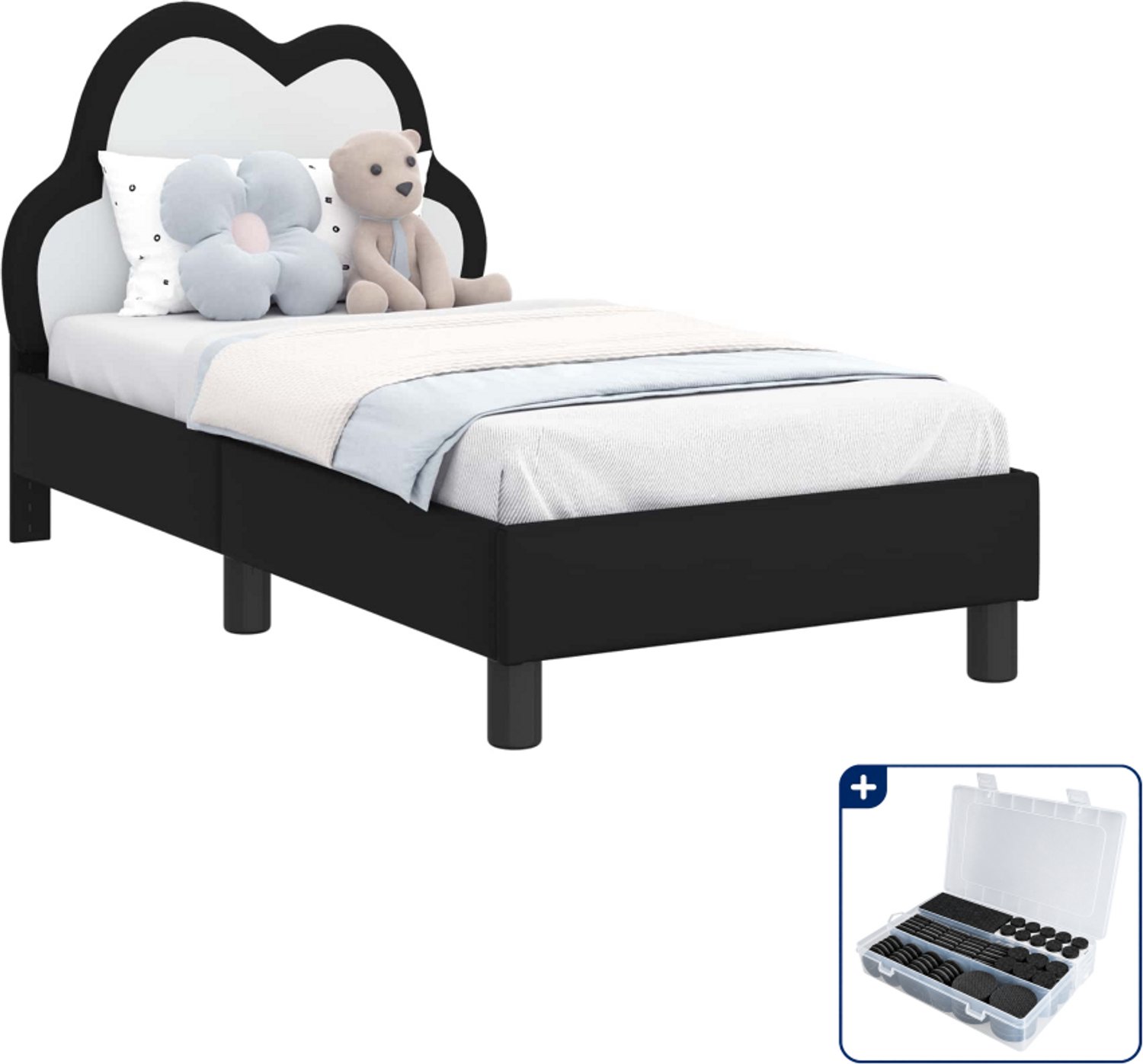 vidaXL peuterbedframe met hoofdbord - 70 x 140 cm - bewerkt hout - zwart - Inclusief antikrasvilt 177-delig