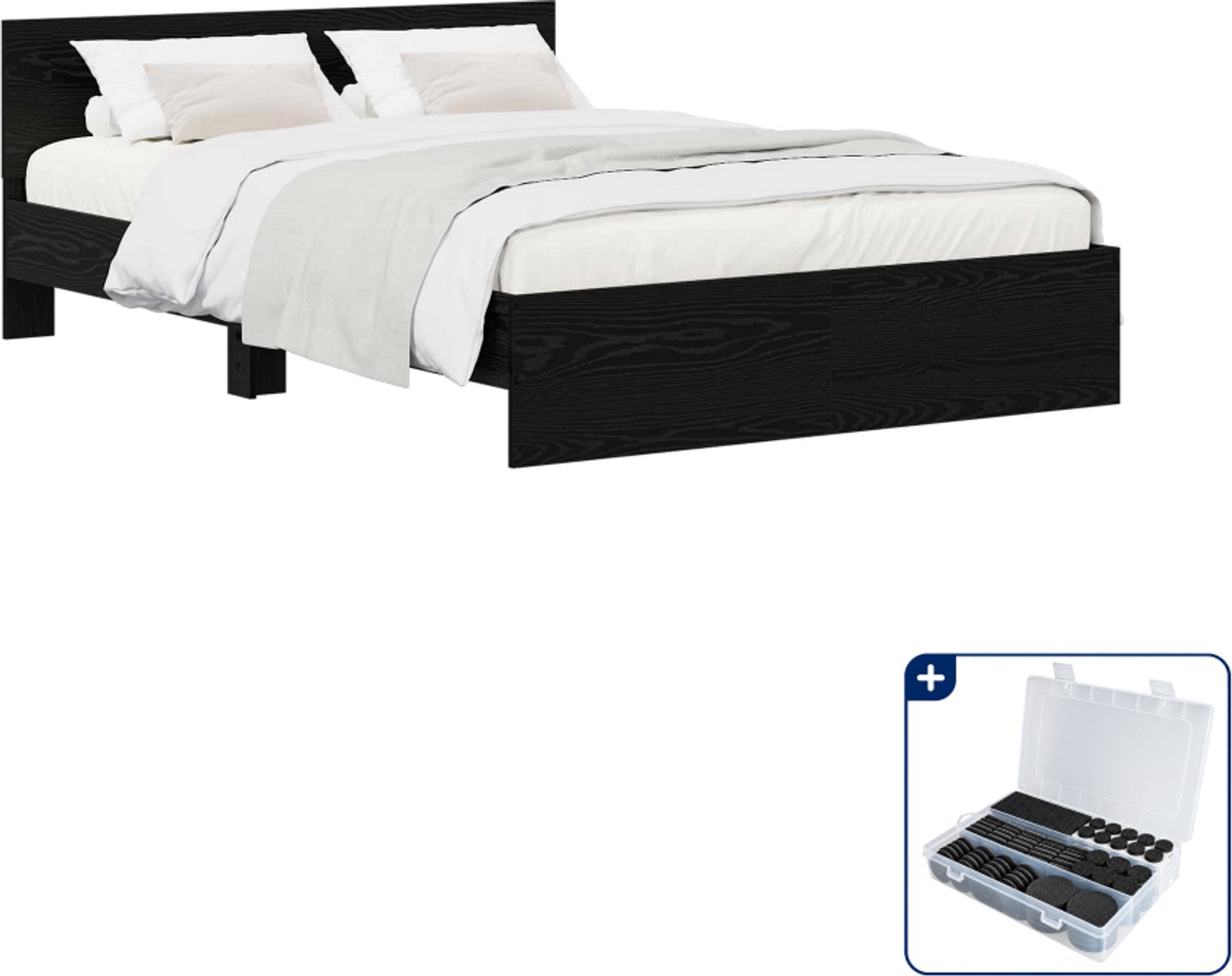 vidaXL bedframe met hoofdbord - 120 x 200 cm - bewerkt hout - zwart eiken - Inclusief antikrasvilt 177-delig