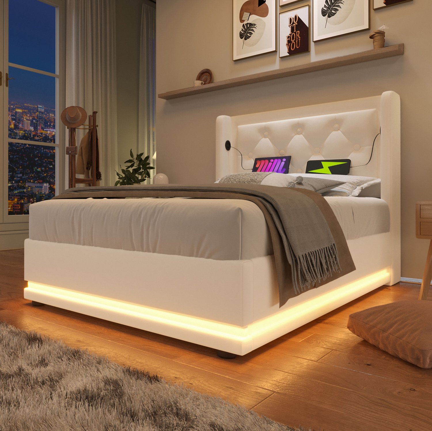 Maisentiel Eenpersoons opbergbed 90 x 200 cm - Wit kunstleer - LED, USB en USB-C