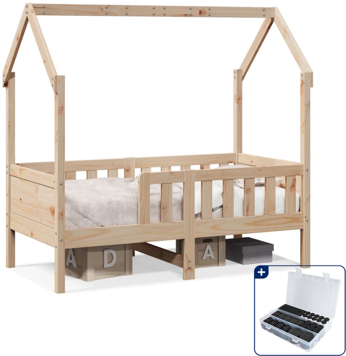 vidaXL kinderbed huis 70 x 140 cm - massief grenenhout - Inclusief antikrasvilt 177-delig Bruin
