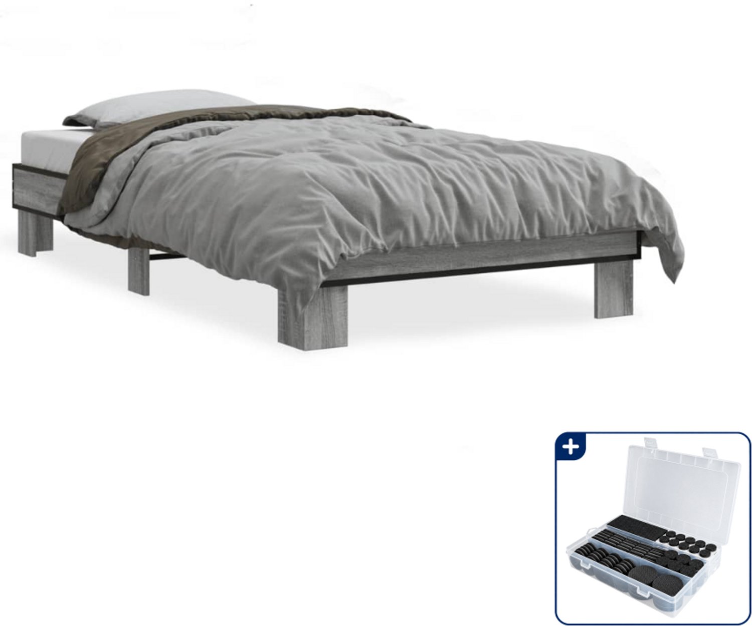 vidaXL bedframe - 75 x 190 cm - grijs sonoma eiken - Inclusief antikrasvilt 177-delig