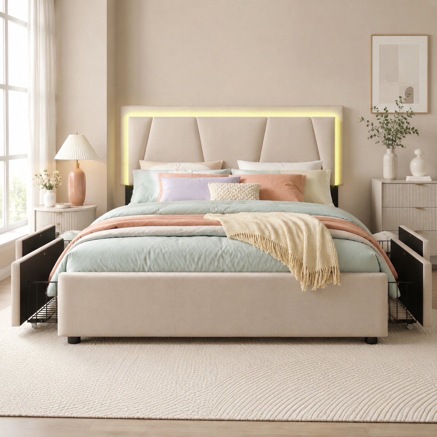 Maisentiel Tweepersoonsbed 140 x 200 cm met 4 lades, verstelbaar hoofdbord en LED - beige