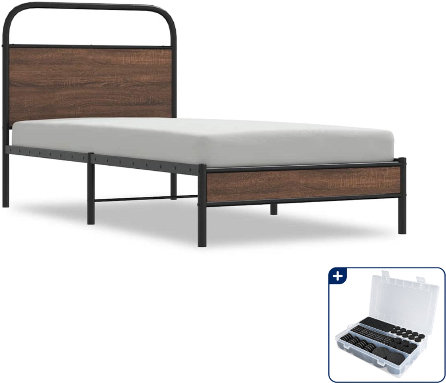 vidaXL bedframe - 90 x 190 cm - staal en bewerkt hout - bruineiken - Inclusief antikrasvilt 177-delig