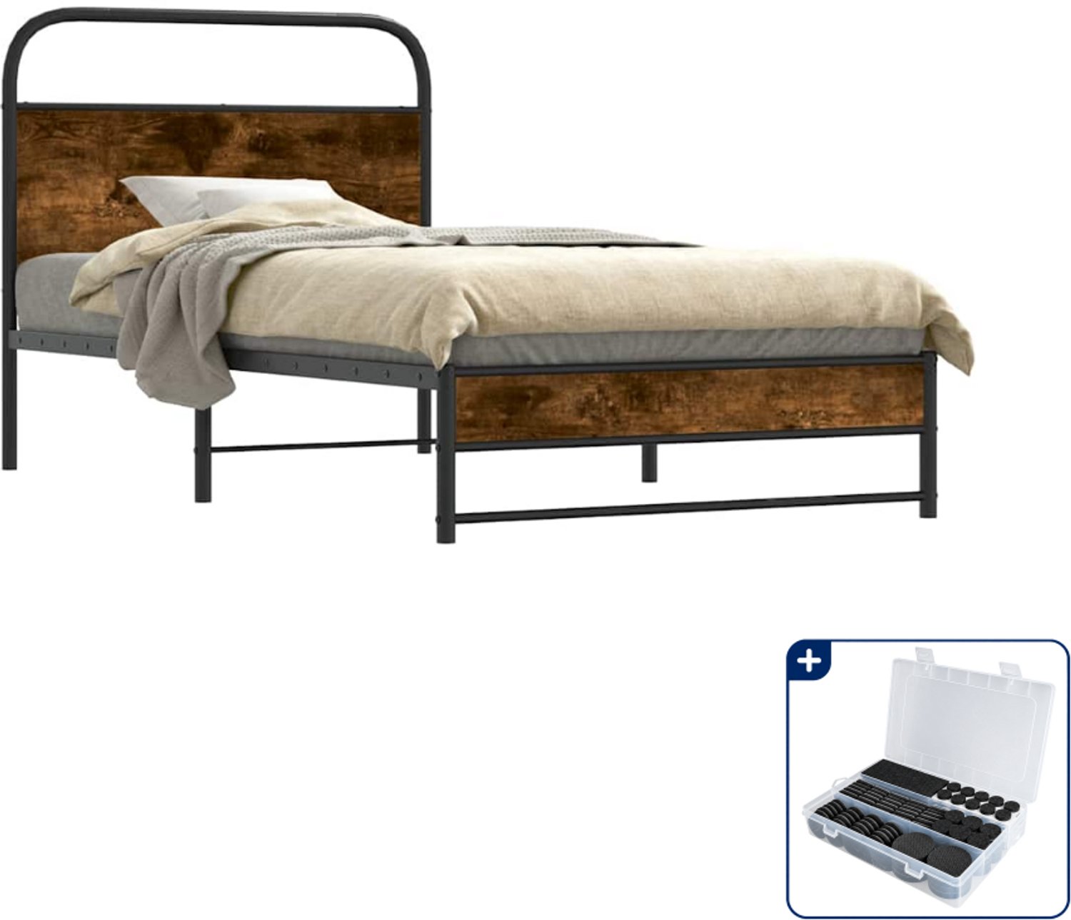 vidaXL bedframe - 90 x 190 cm - bewerkt hout - gerookt eiken - Inclusief antikrasvilt 177-delig Bruin