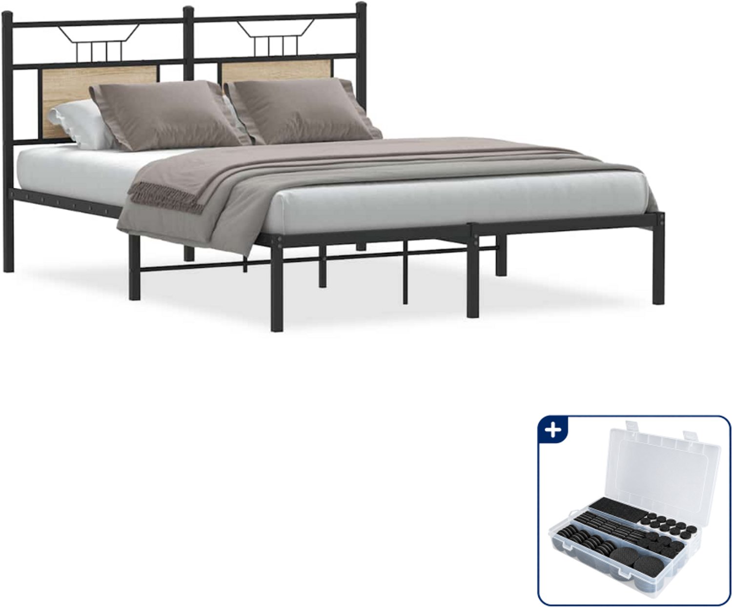 vidaXL bedframe - 137 x 190 cm - bewerkt hout en staal - sonoma eiken - Inclusief antikrasvilt 177-delig Bruin