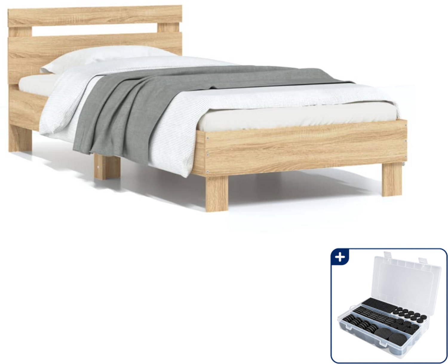 vidaXL bedframe met hoofdbord - 90 x 190 cm - sonoma eiken - Inclusief antikrasvilt 177-delig Bruin