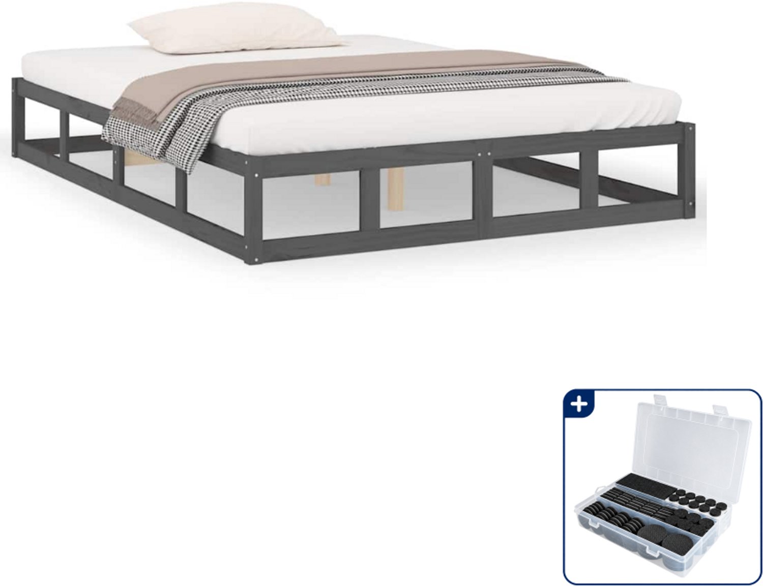 vidaXL bedframe - 150 x 200 cm - massief grenenhout - grijs - Inclusief antikrasvilt 177-delig