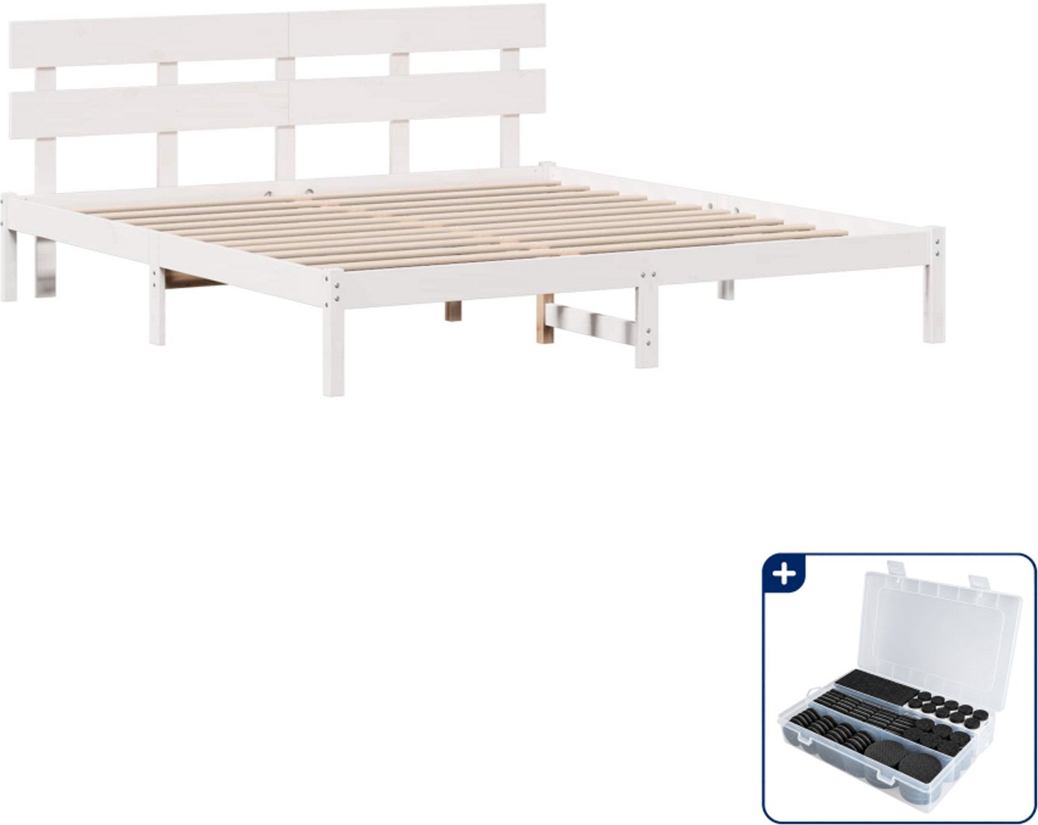 vidaXL Bedframe met hoofdeinde - 200 x 200 cm - massief grenenhout - wit - Inclusief antikrasvilt 177-delig