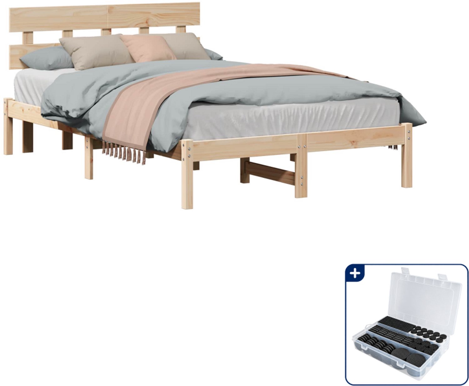 vidaXL bedframe met hoofdeinde - 140 x 190 cm - massief grenenhout - bruin - Inclusief antikrasvilt 177-delig