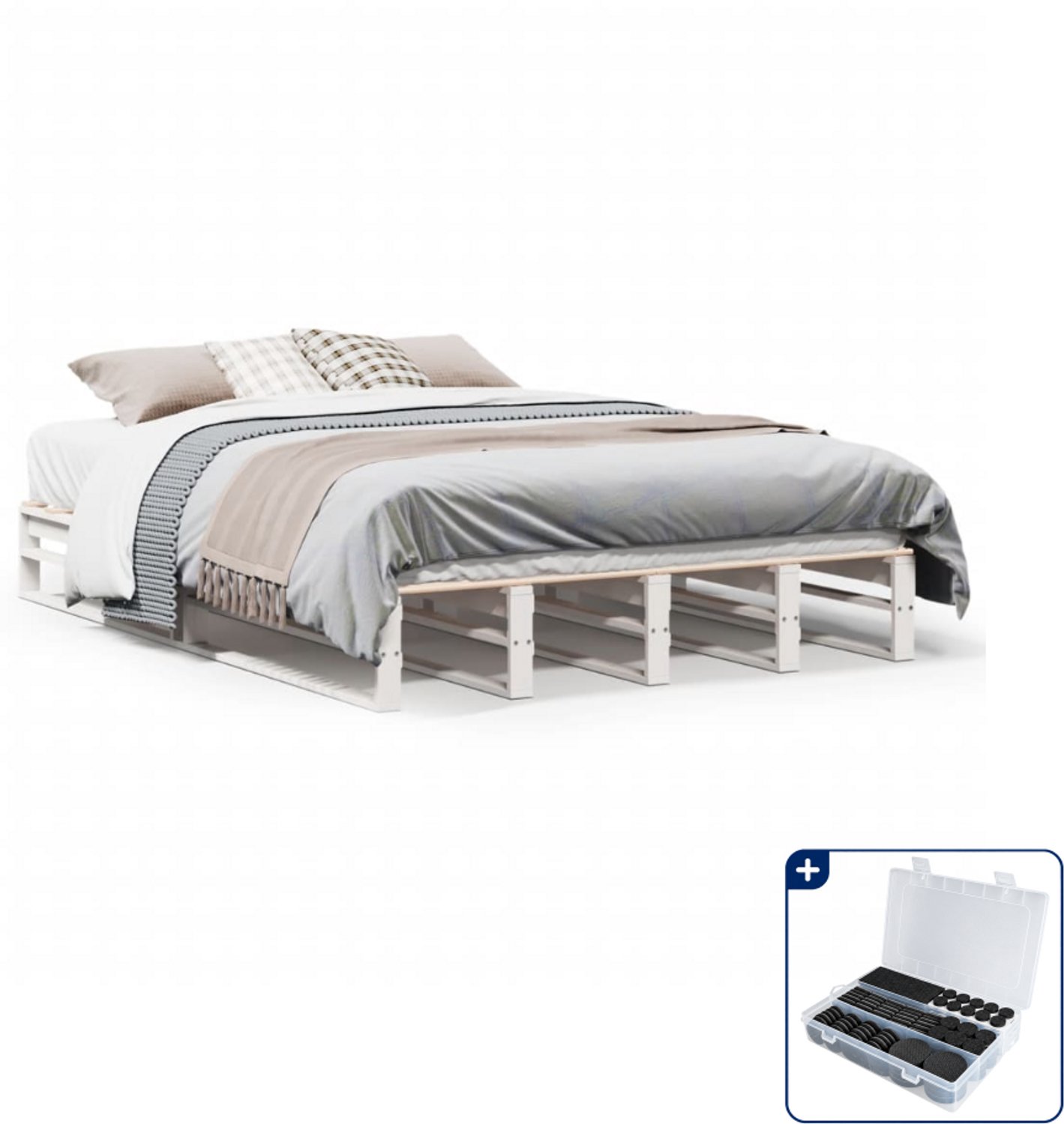 vidaXL Bedframe - 140 x 190 cm - massief grenenhout - wit - Inclusief antikrasvilt 177-delig