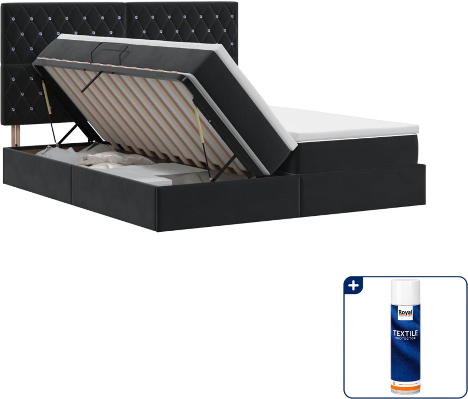 vidaXL opbergbed Kingsize - 180 x 200 cm - fluweel - zwart - Inclusief textielbeschermer 500 ml
