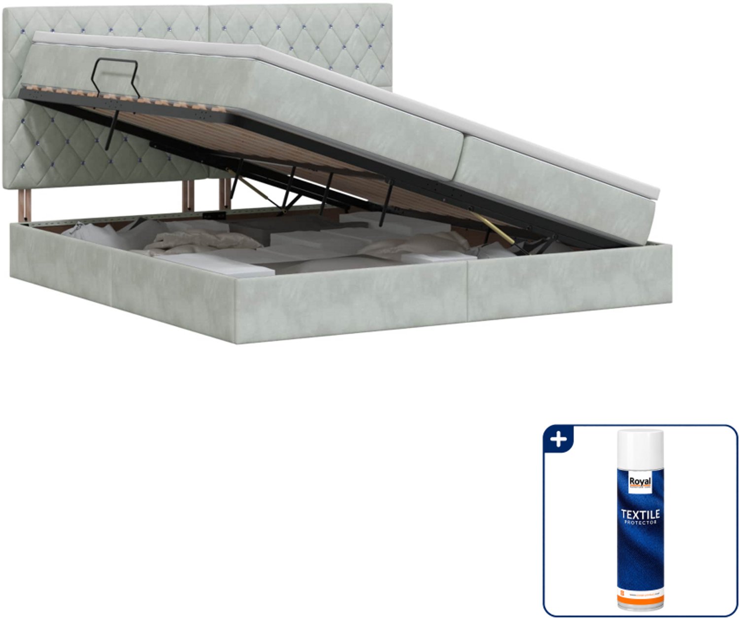 vidaXL Opbergbed met matras - 200 x 200 cm - fluweel - lichtgrijs - Inclusief textielbeschermer 500 ml