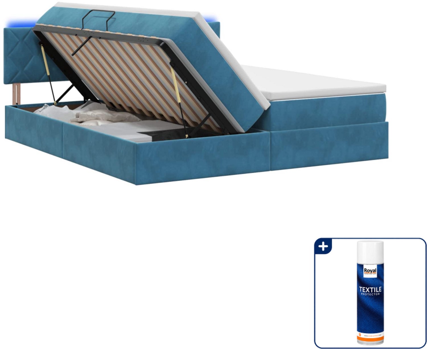 vidaXL LED opbergbed met matras - 200 x 200 cm - fluweel - donkerblauw - Inclusief textielbeschermer 500 ml