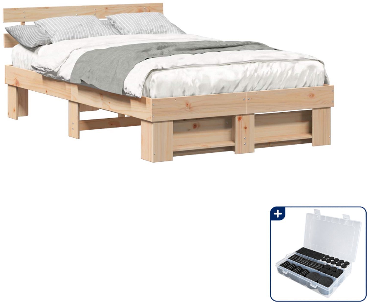 vidaXL Bedframe met hoofdeinde - 135 x 190 cm - massief grenenhout - bruin - Inclusief antikrasvilt 177-delig