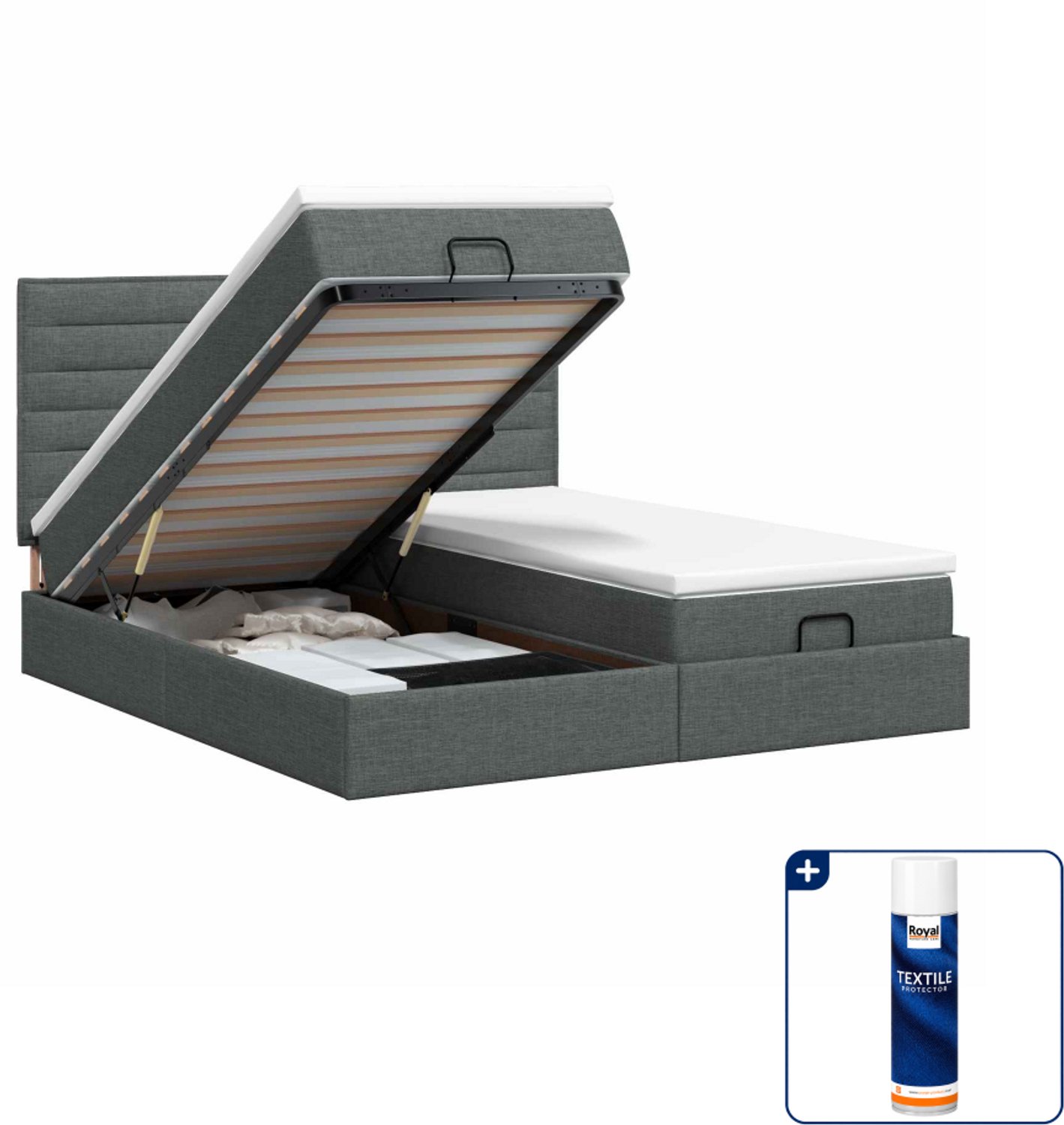vidaXL Ottoman bedset met matras - 200 x 200 cm - stof - donkergrijs - Inclusief textielbeschermer 500 ml