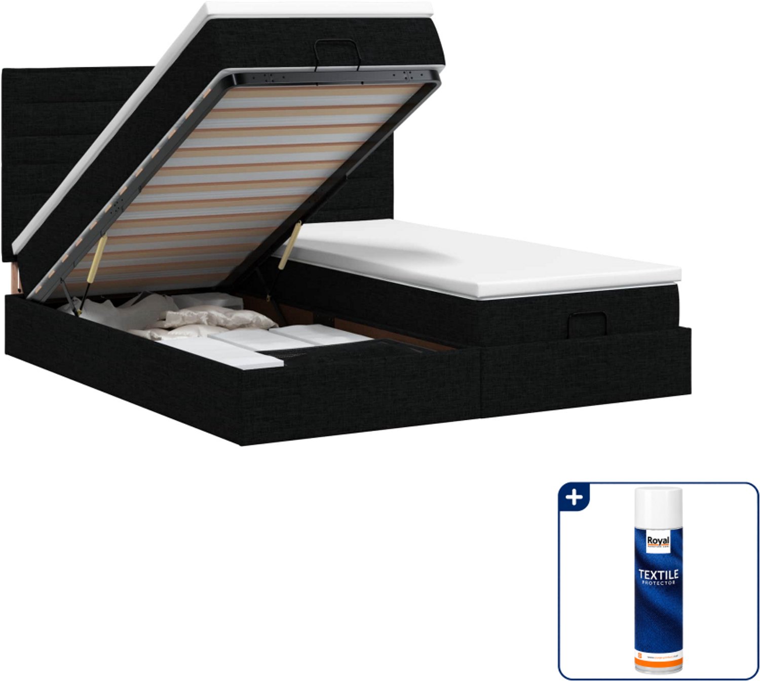 vidaXL Ottoman bedset - Queensize - 160 x 200 cm - zwart - Inclusief textielbeschermer 500 ml