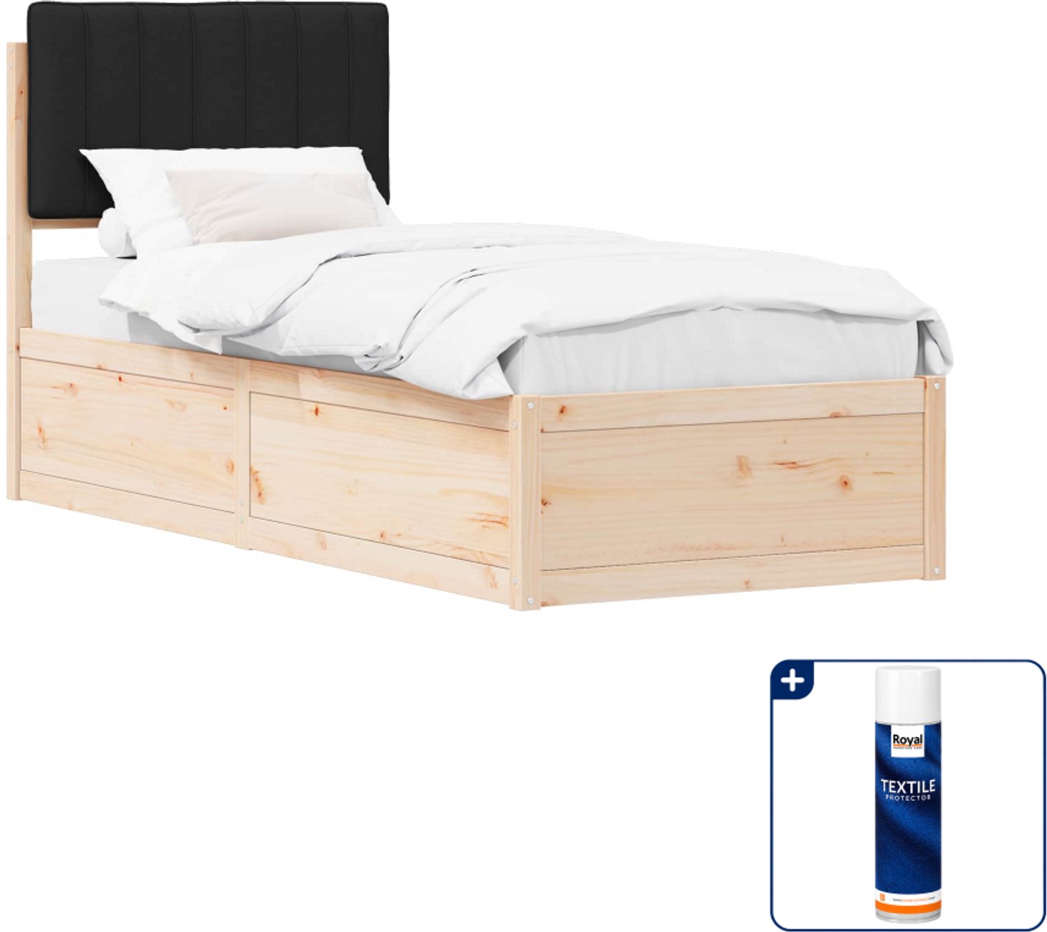 vidaXL bedframe - 75 x 190 cm - massief grenenhout - zwart - Inclusief textielbeschermer 500 ml